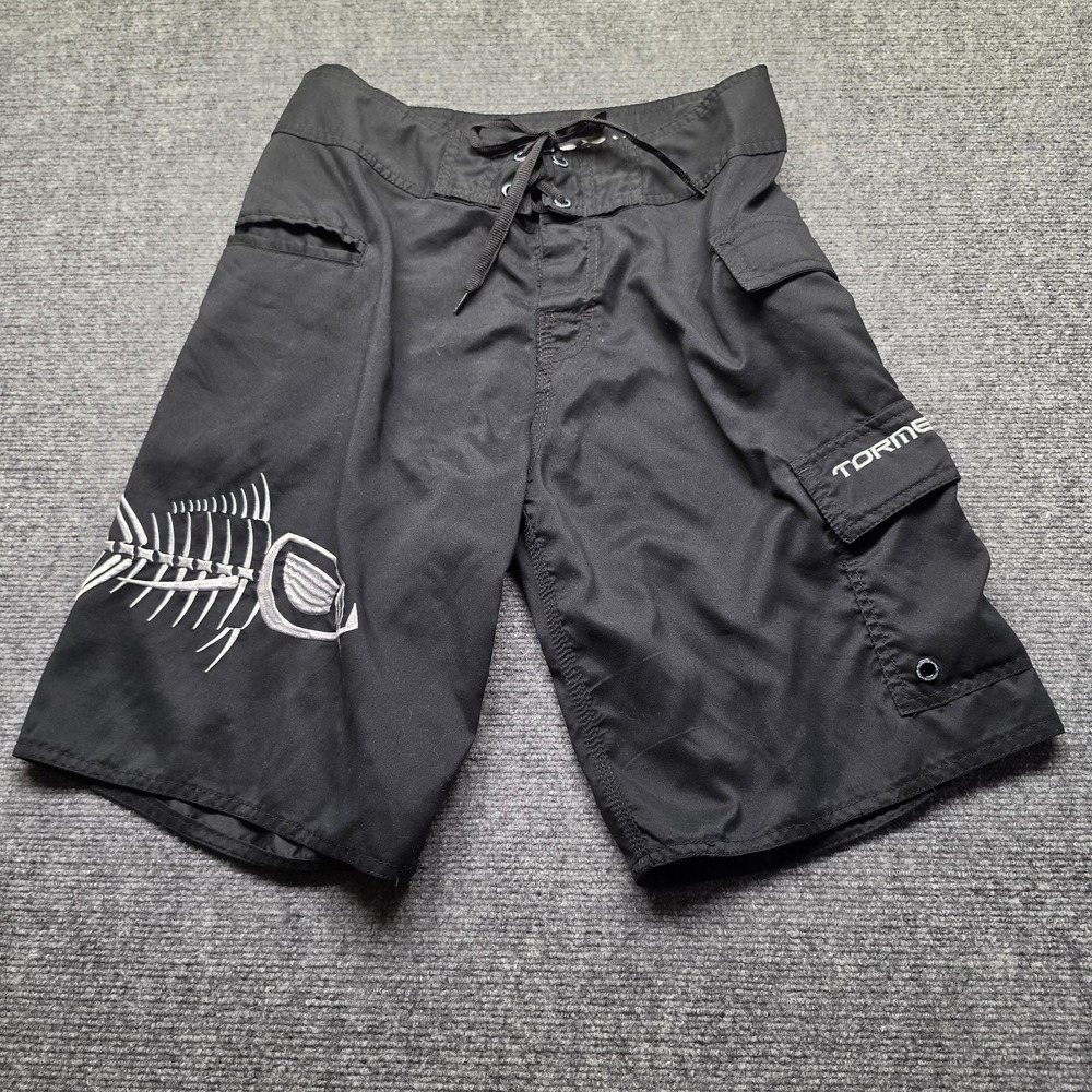 Tormenter Mens Board Shorts Size 28 Black Fish Skeleton Embroidered Swim Trunks